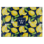 Lemon Citrus Muster Monogram Navy Blue Schneidebrett (Vorderseite)