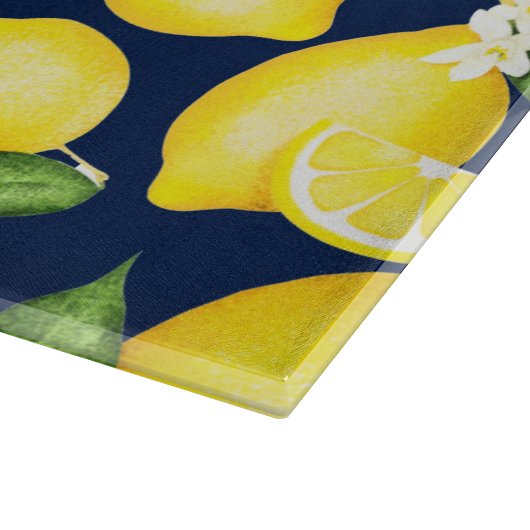 Lemon Citrus Muster Monogram Navy Blue Schneidebrett (Ecke)