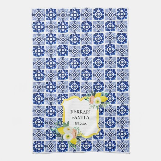 Lemon Citrus Navy Blauer italienischer Mittelmeer Geschirrtuch (Vertikal)