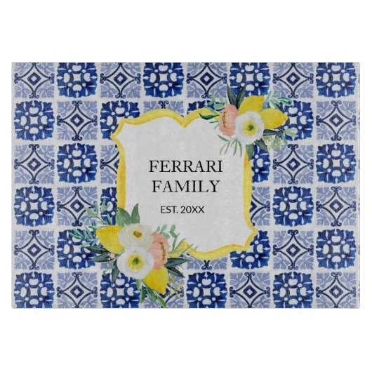 Lemon Citrus Navy Blauer italienischer Mittelmeer Schneidebrett (Vorderseite)