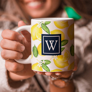 Lemon Citrus Pattern Navy Monogram Kaffeetasse