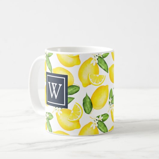 Lemon Citrus Pattern Navy Monogram Kaffeetasse (Vorderseite Links)