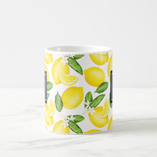 Lemon Citrus Pattern Navy Monogram Kaffeetasse (Mittel)