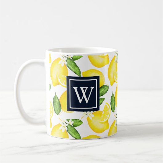 Lemon Citrus Pattern Navy Monogram Kaffeetasse (Links)