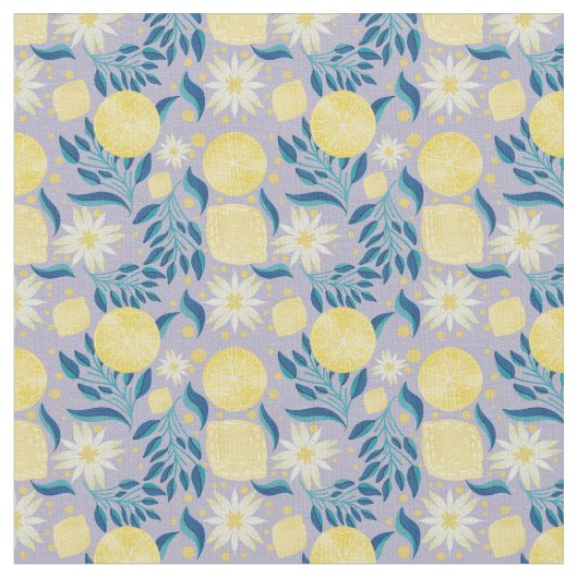 Lemon Citrus Periwinkle Floral Stoff (Nahaufnahme)