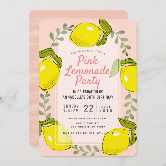 Lemon Citrus Pink Lemonade Party Einladung (Vorne/Hinten)