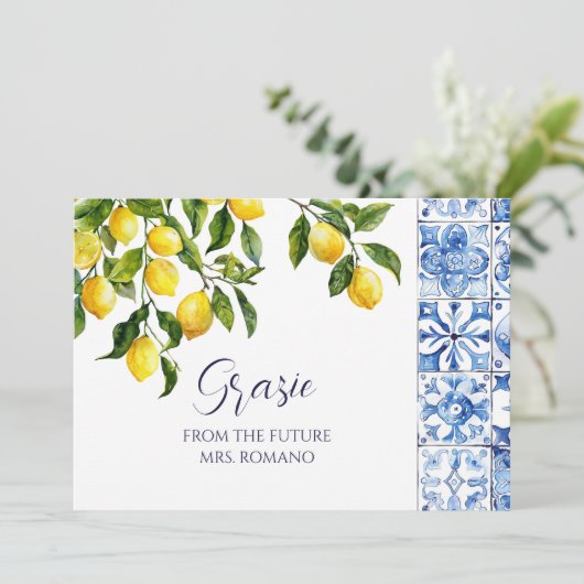 Lemon Citrus Positano Blue Tiles Brautparty Dankeskarte (Stehend Vorderseite)