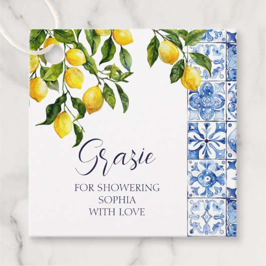 Lemon Citrus Positano Blue Tiles Brautparty Geschenkanhänger (Vorderseite)