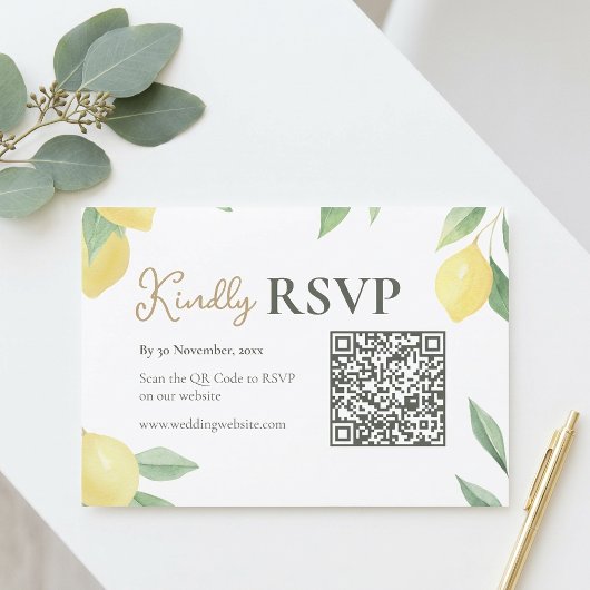 Lemon Citrus QR Code Wedding RSVP Card Karte