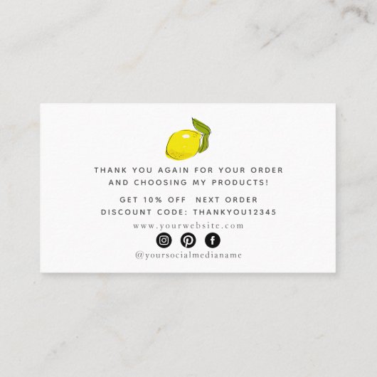 Lemon Citrus Script Danke Business Card Visitenkarte (Rückseite)