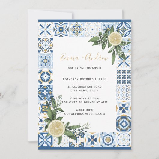 Lemon Citrus Spanish Tile Pattern Wedding Einladung (Vorderseite)