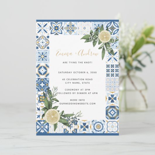 Lemon Citrus Spanish Tile Pattern Wedding Einladung (Stehend Vorderseite)