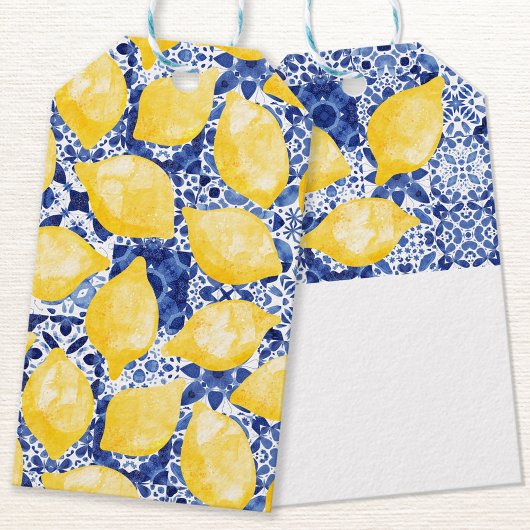 Lemon Citrus Watercolor Blue Mediterranean Tile Geschenkanhänger