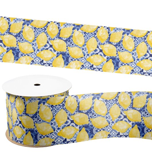 Lemon Citrus Watercolor Blue Mediterranean Tile Satinband