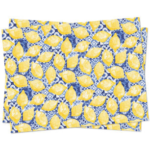 Lemon Citrus Watercolor Blue Mediterranean Tile Seidenpapier