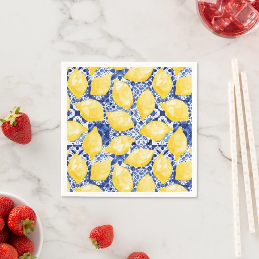 Lemon Citrus Watercolor Blue Mediterranean Tile Serviette (Beispiel)
