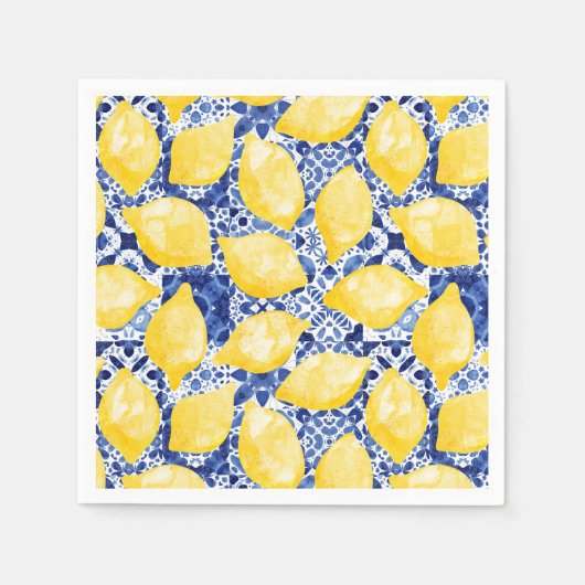 Lemon Citrus Watercolor Blue Mediterranean Tile Serviette (Vorderseite)
