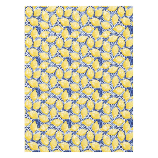 Lemon Citrus Watercolor Blue Mediterranean Tile Tischdecke (Vorderseite)