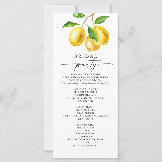 Lemon Citrus Watercolor Hochzeitsprogramm (Rückseite)