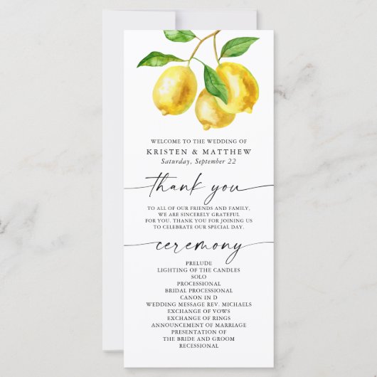 Lemon Citrus Watercolor Hochzeitsprogramm (Vorderseite)