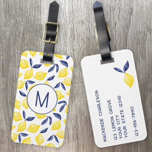 Lemon Citrus Watercolor Monogram Personalisiert Gepäckanhänger