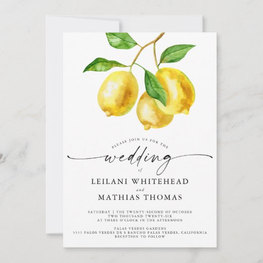 Lemon Citrus Watercolor QR Code Hochzeit Einladung (Vorderseite)