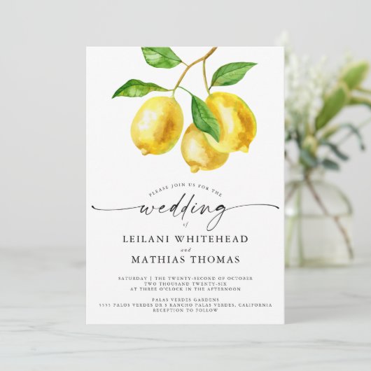 Lemon Citrus Watercolor QR Code Hochzeit Einladung (Stehend Vorderseite)