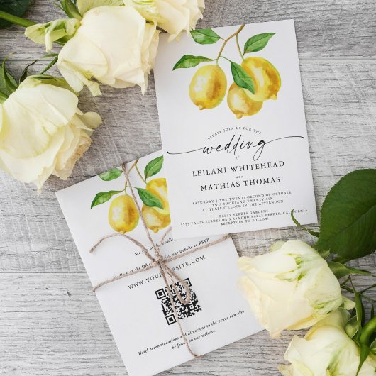 Lemon Citrus Watercolor QR Code Hochzeit Einladung