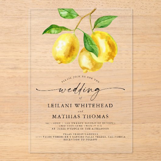 Lemon Citrus Watercolor Wedding Acryleinladungen (Vorderseite)