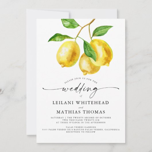 Lemon Citrus Watercolor Wedding Einladung (Vorderseite)