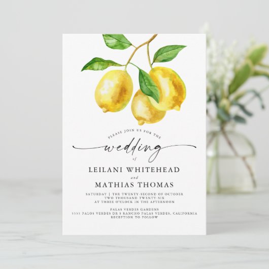 Lemon Citrus Watercolor Wedding Einladung (Stehend Vorderseite)