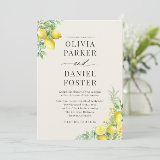 Lemon Citrus Wedding Einladung (Stehend Vorderseite)
