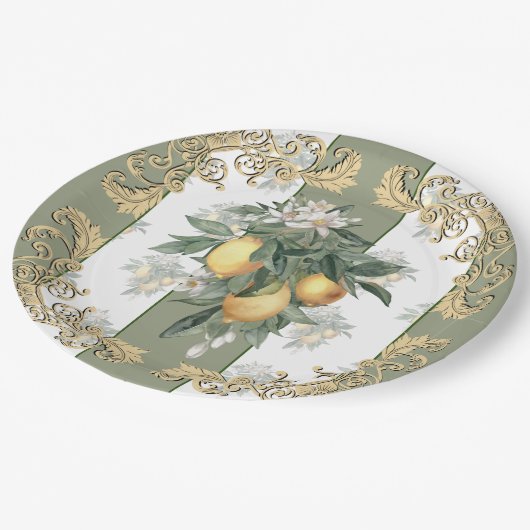 Lemon Citrus | Weiß und grün gestrichen Elegant Pappteller (Schrägansicht)
