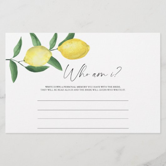 Lemon Citrus - Wer bin ich Brautparty-Spiel Briefpapier (Vorderseite)