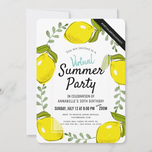Lemon Citrus White Summer Adult Virtual Birthday Einladung (Vorderseite)