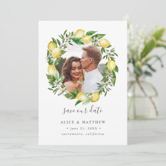 Lemon Citrus Wreath Foto Hochzeit speichern Sie da Save The Date (Stehend Vorderseite)