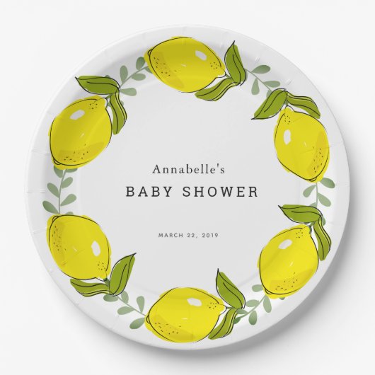 Lemon Citrus Wreath White Baby Shower Paper Plate Pappteller (Vorderseite)