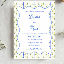 Lemon Citrus Yellow and Blue Italian Chic Wedding Einladung