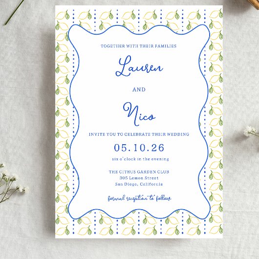 Lemon Citrus Yellow and Blue Italian Chic Wedding Einladung