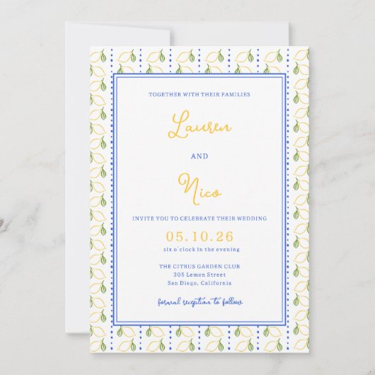 Lemon Citrus Yellow and Blue Italian Chic Wedding Einladung (Vorderseite)