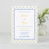Lemon Citrus Yellow and Blue Italian Chic Wedding Einladung (Stehend Vorderseite)