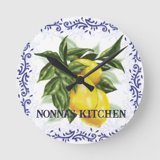 Lemon Clock mit französischem Toile Border Elegant Runde Wanduhr (Vorderseite)