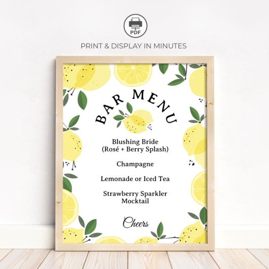 Lemon Cocktail Bar Menu Bridal Shower Sign Poster