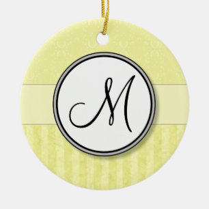 Lemon Cream Damask mit Streifen und Monogramm Keramikornament