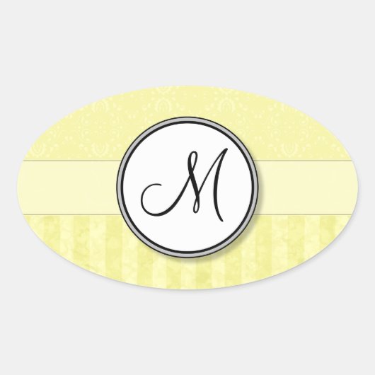 Lemon Cream Damask mit Streifen und Monogramm Ovaler Aufkleber (Vorderseite)