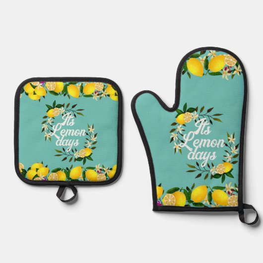 Lemon Days Aqua Ofenhandschuh & Topflappen-Set (Vorderseite)