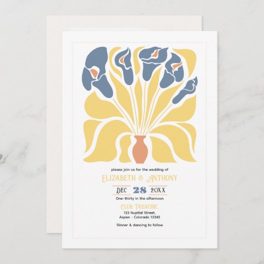 Lemon & Denim Abstract Floral Boho Wedding Einladung (Vorne/Hinten)