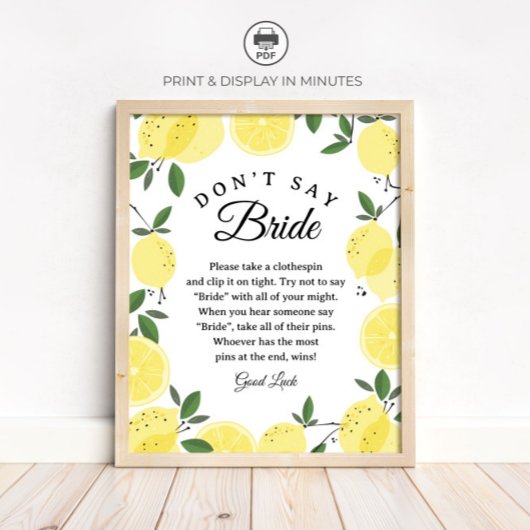 Lemon "Don't Say Bride" Bridal Shower Game sign Poster