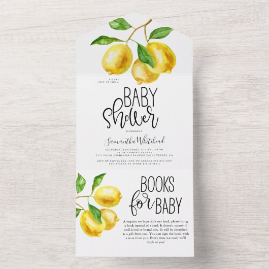 Lemon Drop Wasserfarbenbücher für Babydusche All In One Einladung (Innen Boden)