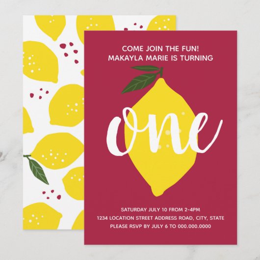 Lemon Erster Geburtstag Einladung // 1. (Vorne/Hinten)
